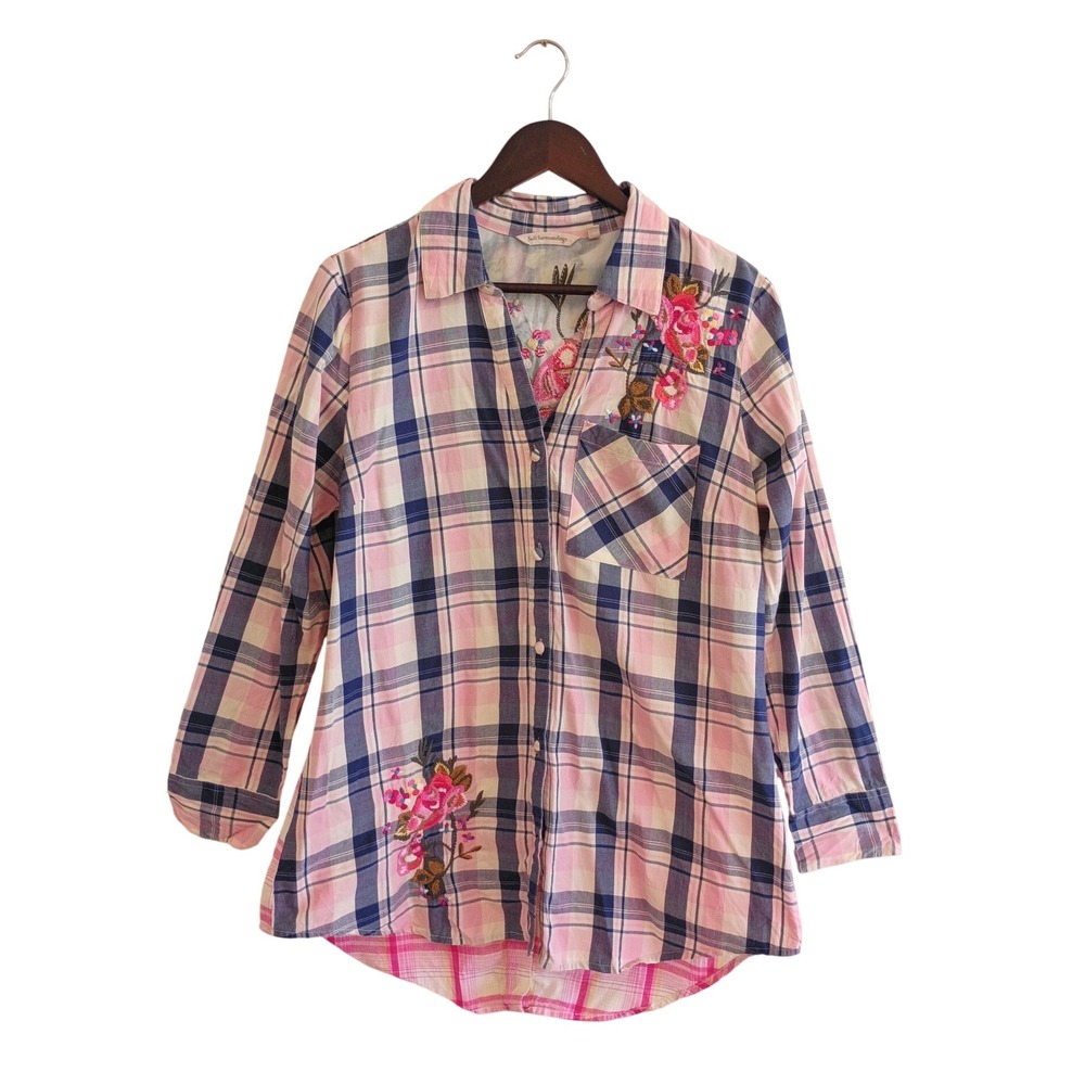 Soft Surroundings‎ Plaid Floral Embroidered Button Down Shirt Pink Blue M Boho